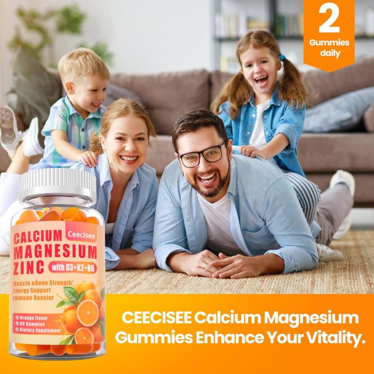 Calcium Magnesium Zinc Gummies with D3 &B6 &K2,1000mg Calcium Gummies with 300mg Magnesium Support Immune Energy for Adults and Teens,Sugar Free (Pack of 2) - Image 6