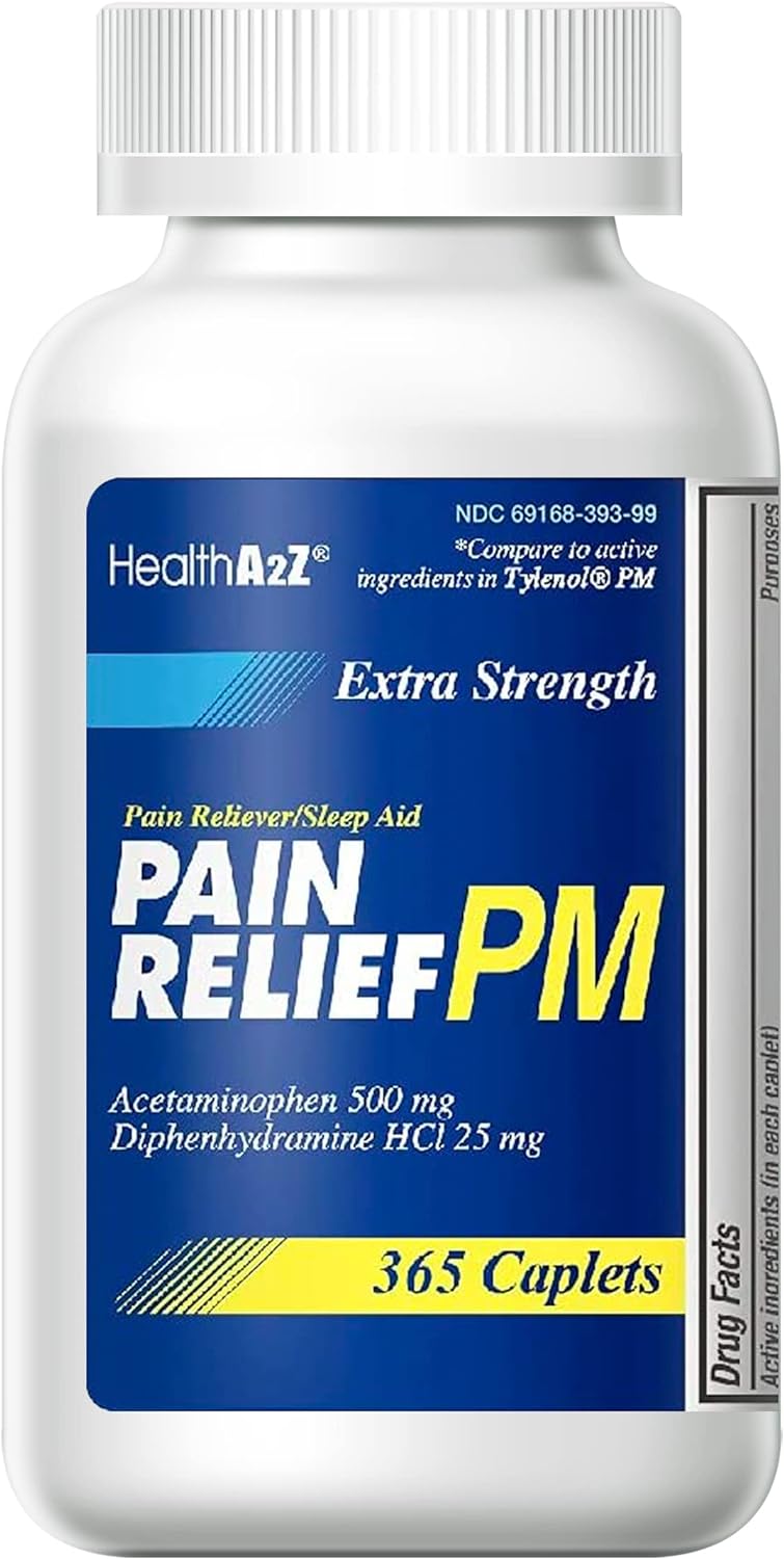 HealthA2Z® Extra Strength Pain Relief PM| Acetaminophen 500mg | Diphenhydramine 25mg | Pain Reliever & Nighttime Sleep Aid | (365 Count (Pack of 1))