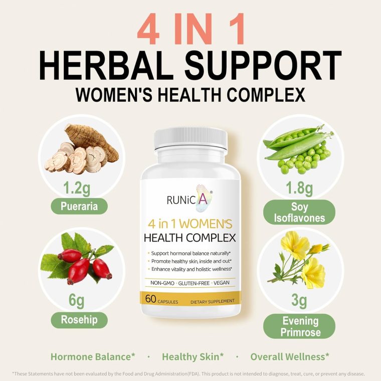 4-in-1 Women’s Health Complex | Rosehip, Pueraria & Evening Primrose with Soy Isoflavones | Menstrual Cycle, Menopause, Energy Level & Healthy Skin Support - Image 2