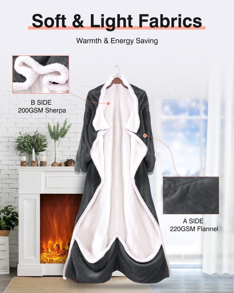 Wearable Heated Blanket with Sleeves, Electric Heated Blanket for Gifts, Electric Throw Wrap Poncho Shawl with Pockets, 6 Heating Levels & 4 Hours Time Settings, 50 x 70 Inch (Grey) - Image 4