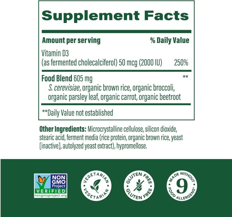 MegaFood Vitamin D3 2000 IU (50 mcg) - Vitamin D Supplements With Real Food, Immune Support, Supports Bones, Teeth & Muscles, Vegetarian, Certified Non-GMO, Kosher – 90 Tablets, 90 Servings - Image 2