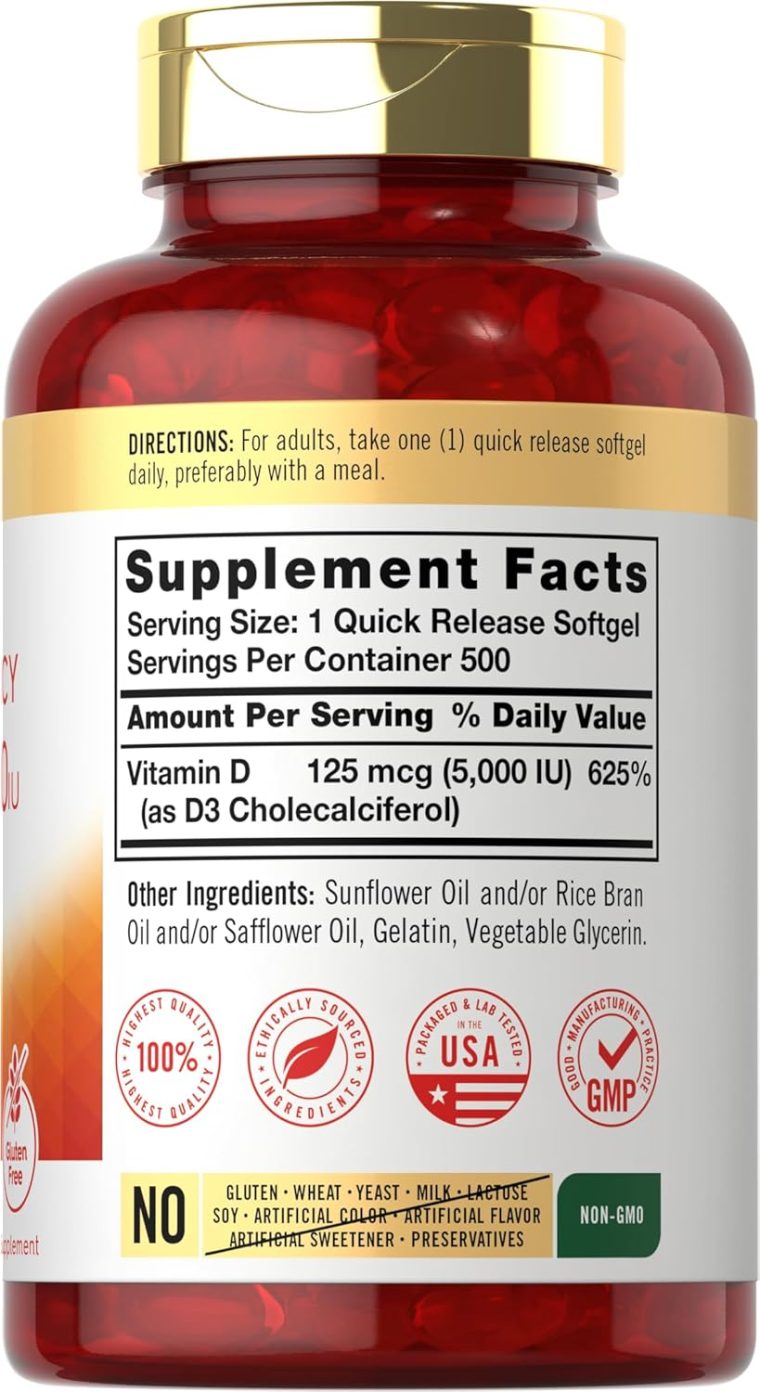 Carlyle Vitamin D3 5000 IU Softgels | 500 Count | Value Size | Non-GMO and Gluten Free Supplement | High Potency Formula | 125mcg - Image 2