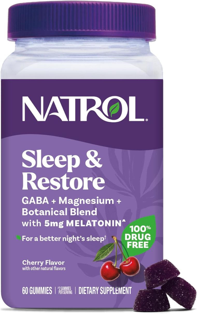 Natrol Sleep + Restore Magnesium Glycinate Blend Gummies with Melatonin 5mg - Calm Magnesium with GABA, Botanical Blend, Cherry Flavor, 60 Gummies
