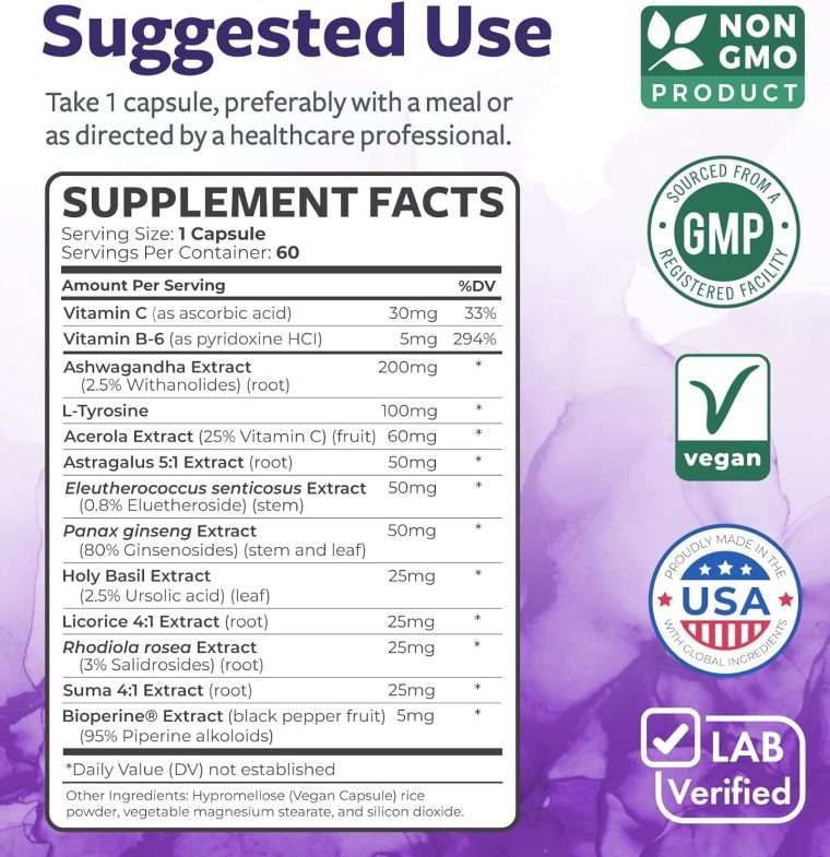 Adrenal System Support & Cortisol Manager (2 Month Supply) Powerful Ashwagandha & L-Tyrosine Fatigue Supplement - Maintain Balanced Cortisol Levels, Health, & Stress Relief - Non-GMO - 60 Capsules - Image 6