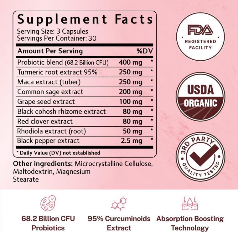 Menopause Relief - Probiotics for Women, 68.2 Billion CFU, Turmeric, Maca & Black Cohosh - Supports Gut Health, Hormone Balance, Weight Management, Joint Health, Hot Flash Support,90 Capsules - Image 6