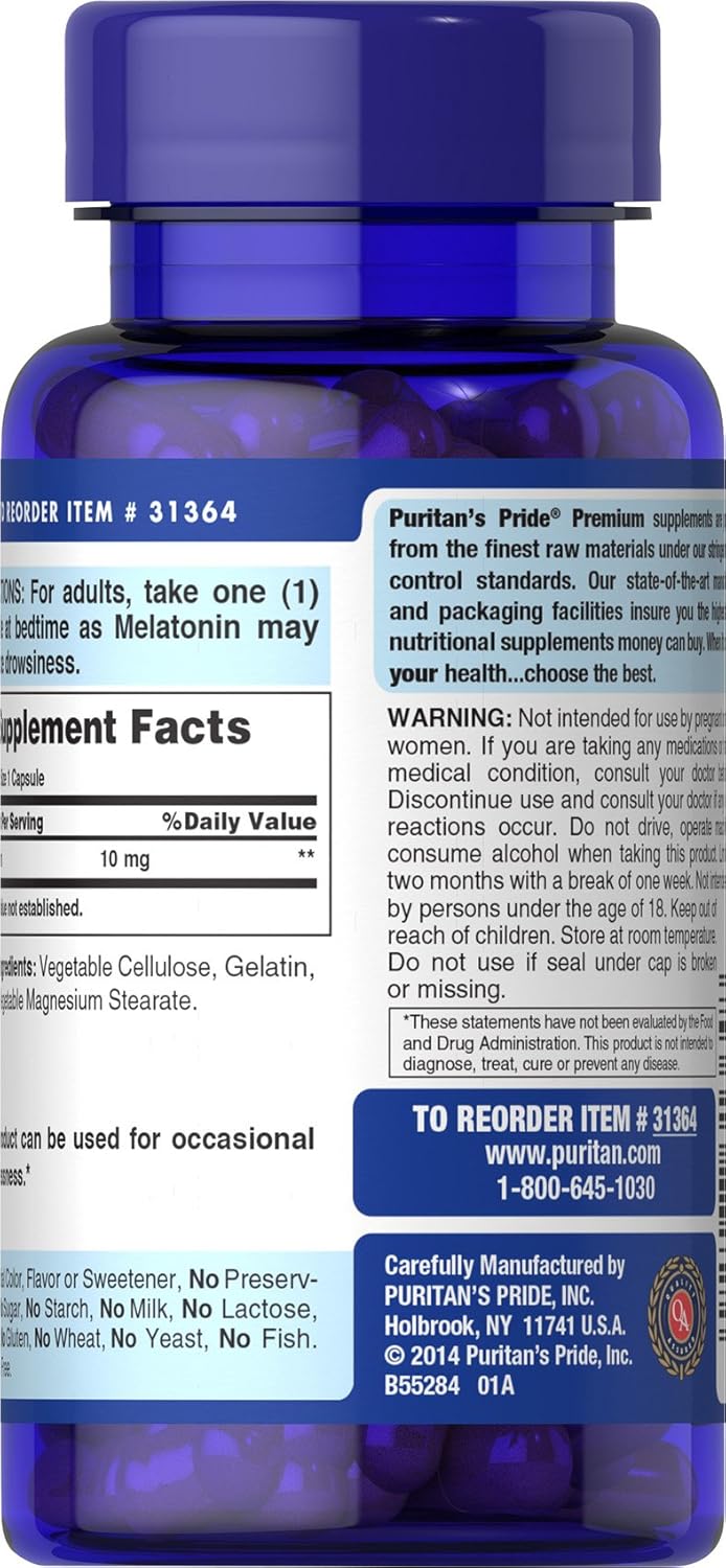 Puritan's Pride Premium Super Strength Melatonin 10mg Sleep Aid, Dietary Supplement for Sound, Restful, and Longer Sleep Support, 4 Month Supply, 120 Rapid Release Capsules (Packaging May Vary) - Image 2