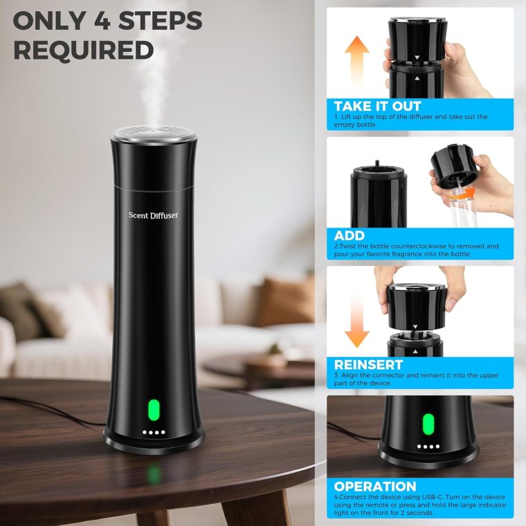 Hotel Scent Diffuser Starter Kit - 1500 Sq Ft Coverage, Home Diffuser Hotel Collection, Suitable for Waterless Diffuser Large Room, Contains Five Aromatherapy Essential Oils, Remote Control, Black - Image 4