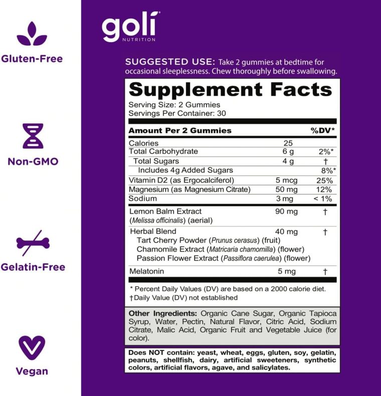 Goli Dreamy Sleep Gummy - 60 Count - Melatonin, Vitamin D, Magnesium, and Lemon Balm Extract - Gelatin-Free, Gluten-Free, Vegan & Non-GMO - Image 4