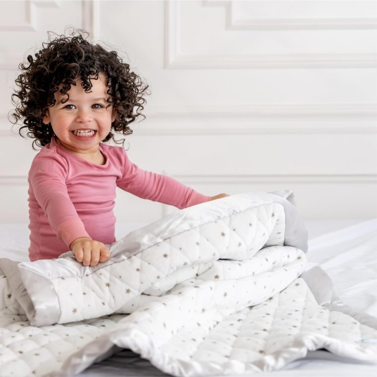 DREAMLAND BABY 4lb Weighted Blanket for Kids. Breathable Dual Fabrics with Minky Cooling Side & Cozy Microfleece on Reverse. Ages 3+ and/or 30+ lbs (White with Grey Stars) - Image 4