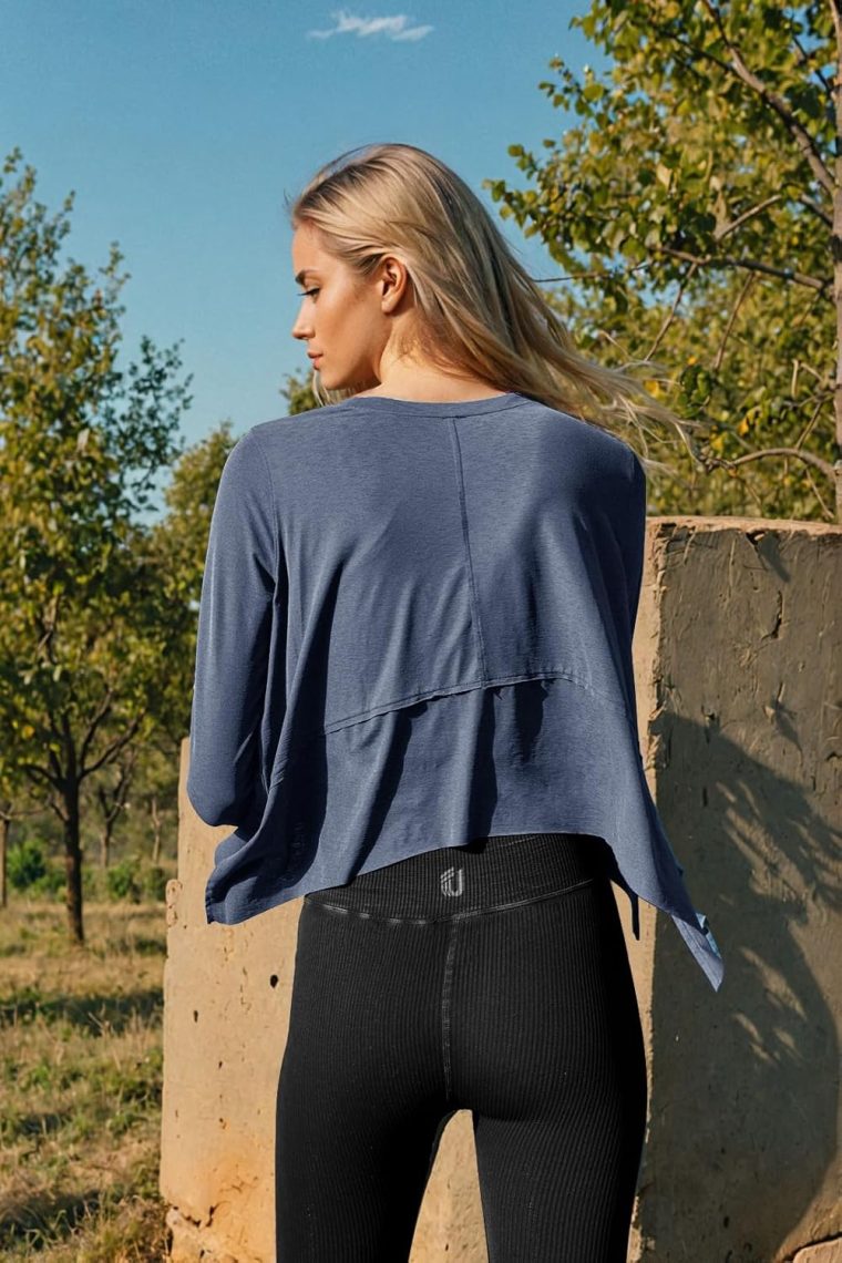 UEU Women's Crop Tops for Yoga Workout Athletic, Ice Cool Feeling Long Sleeves Shirts, Flowy Split Side Slit Oversized - Image 5