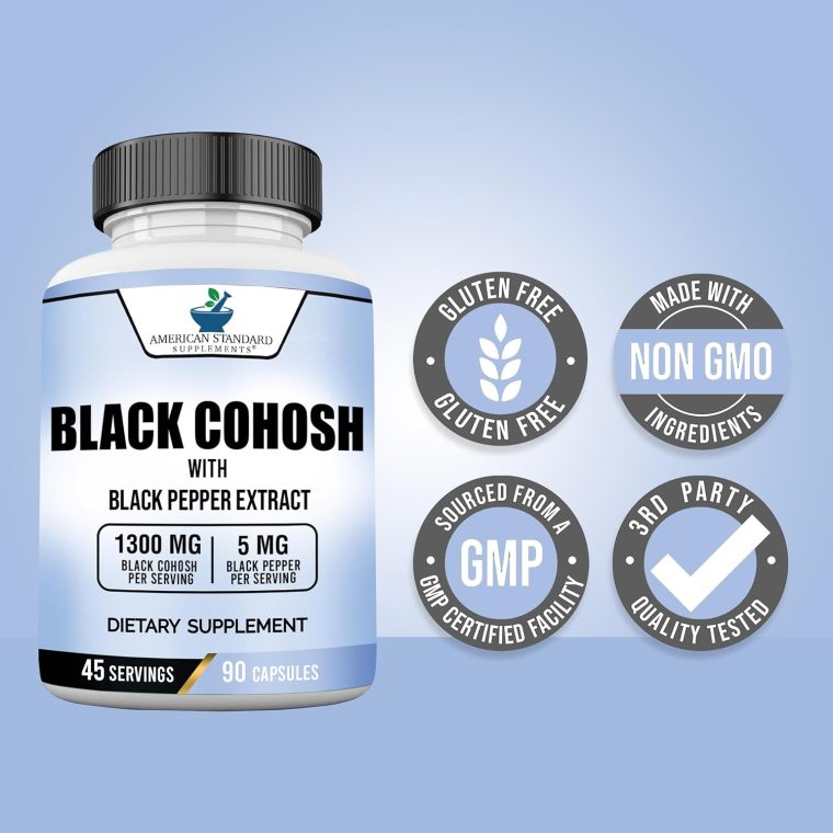 American Standard Supplements Black Cohosh 1300mg Per Serving with Black Pepper Fruit Extract - Vegan, Gluten Free, Non-GMO, 90 Capsules, 45 Servings - Image 4