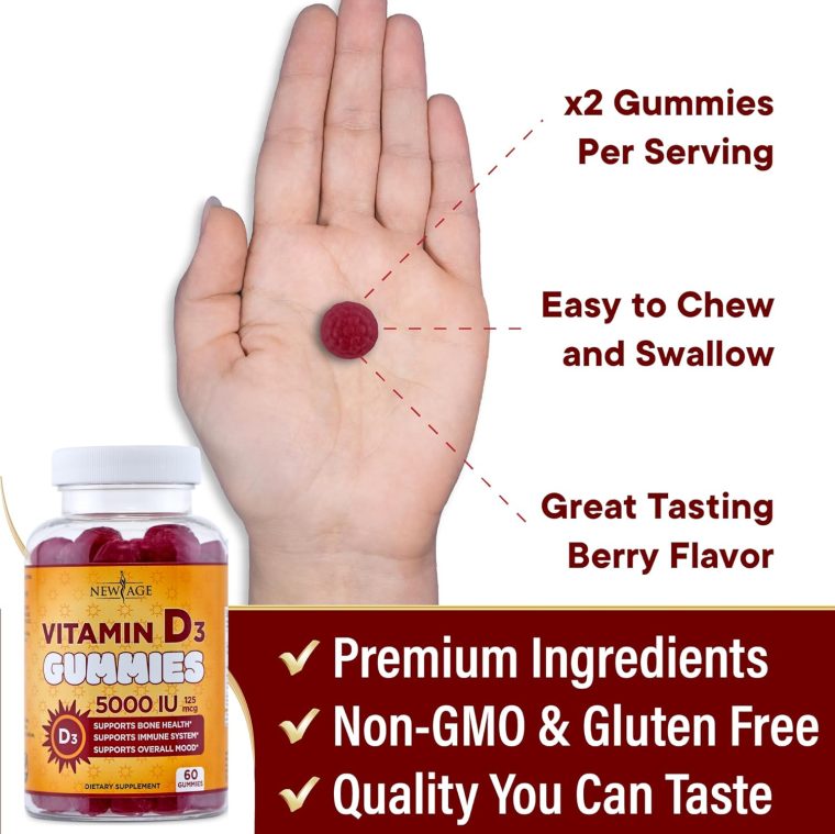 NEW AGE Vitamin D3 5000 IU 125mcg Gummies - Support Immune Support, Strong Bone Health - Non-GMO, Gluten-Free, Dairy-Free, No Gelatin (60 Gummies (Pack of 1)) - Image 5