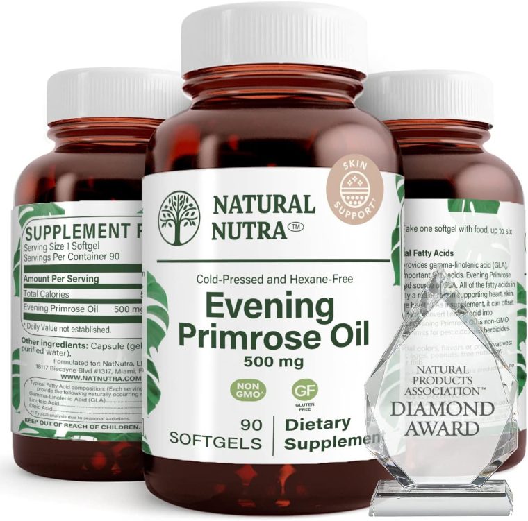 Natural Nutra Evening Primrose Oil Supplement from Fatty Acid, Nerve Health, Helps Reduce Skin Blemishes, Balance Body Secretions, Promote Heart Health, Skin Clarity, 500 mg, 90 Softgels