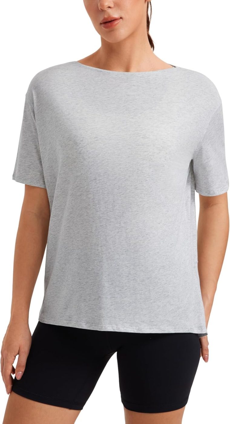 CRZ YOGA Women's Pima Cotton Short Sleeve Shirts Boat Neck Loose Fit Gym Workout T-Shirt Athletic Casual Tops