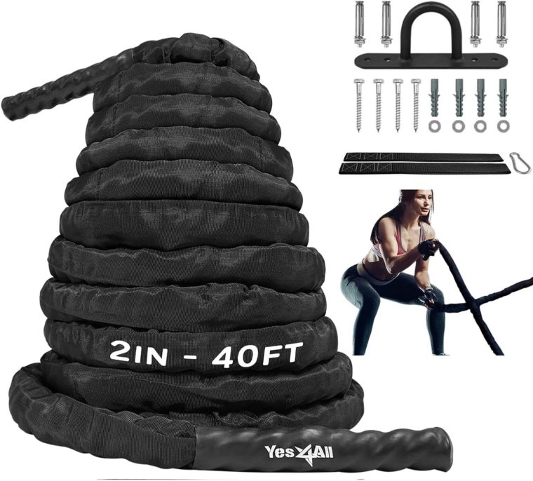 Yes4All Battle Ropes, Workout Rope with Cover, Steel Anchor & Strap Included, Heavy Ropes for Exercise Training - 1.5/2 Inch Diameter, 30, 40, 50 Ft Length