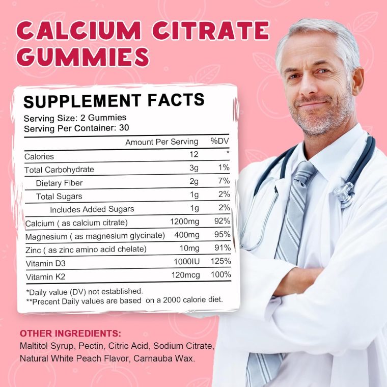 Calcium Citrate 1200mg with Vitamin D3 Gummies, Calcium Gummies with Vitamin D3 for Women & Men, Calcium Magnesium Zinc for Bone Muscle Healthy- Natural White Peach Flavor- 30 Day Supply - Image 6