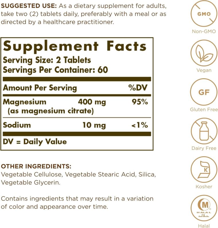 Solgar Magnesium Citrate - 120 Tablets, Pack of 2 - Promotes Healthy Bones, Supports Nerve & Muscle Function - Highly Absorbable - Non-GMO, Vegan, Gluten Free, Kosher - 120 Total Servings - Image 2