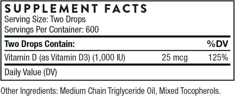 THORNE - Vitamin D Liquid - Vitamin D Supplement - Supports Healthy Bones and Muscles, Cardiovascular Health, and Immune Function* - 1 Fl Oz (30 ml)- 600 Servings - Image 2