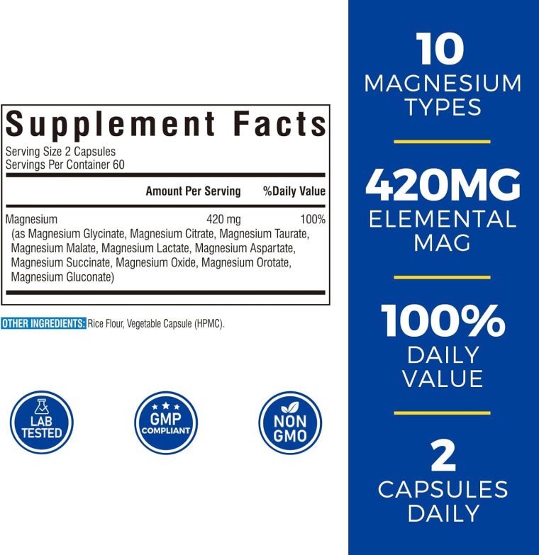 10 in 1 Magnesium Complex, 420mg Elemental Magnesium | Ultra Strength, Max Absorption | Chelated Magnesium Supplement for Sleep, Muscles, Nerves & Heart Health | Non-GMO, 120 Vegan Capsules - Image 2