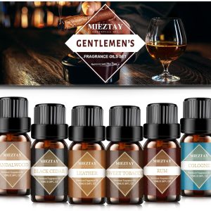 Mens Essential Oils Set - TOP 6 Gentlemen's Fragrance Oil for Diffuser, Candle & Soap Making - Sandalwood, Cologne, Black Cedar, Leather, Sweet Tobacco, Bay Rum Essential Oil Kit for Men (10mL)