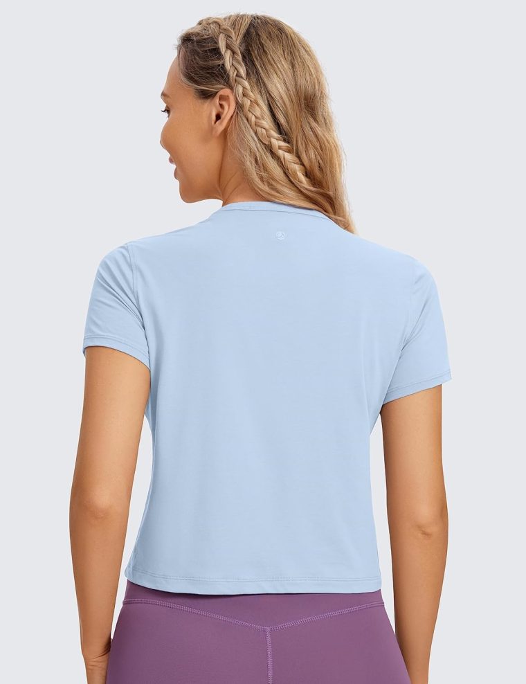 CRZ YOGA Women's Pima Cotton Short Sleeve Crop Tops High Neck Cropped Workout Shirts Yoga Athletic Casual T-Shirt - Image 2