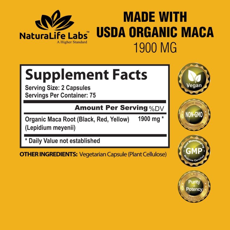 Organic Maca Root Black, Red, Yellow 1900 MG per Serving - 150 Vegan Capsules Peruvian Maca Root Gelatinized 100% Pure Non-GMO Supports Reproductive Health Natural Energizer - Image 2