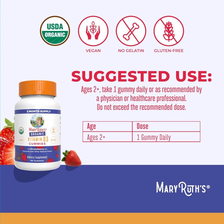 MaryRuth Organics Organic Vitamin D3 Gummies | 1000 IU | USDA Organic | Immune Support| Bone Health | Muscle Function | for Adults & Kids Ages 2+ | Vegan | Gluten Free | 2 Month Supply | 60 Count - Image 3