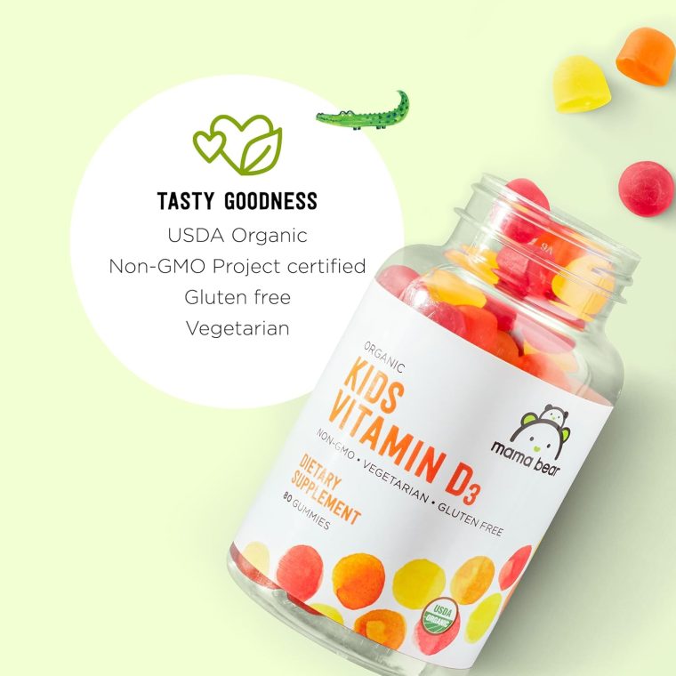 Amazon Brand - Mama Bear Organic Kids Vitamin D3 25 mcg (1000 IU) Gummies per serving, Bone and Immune Health, Strawberry, 80 Count - Image 2