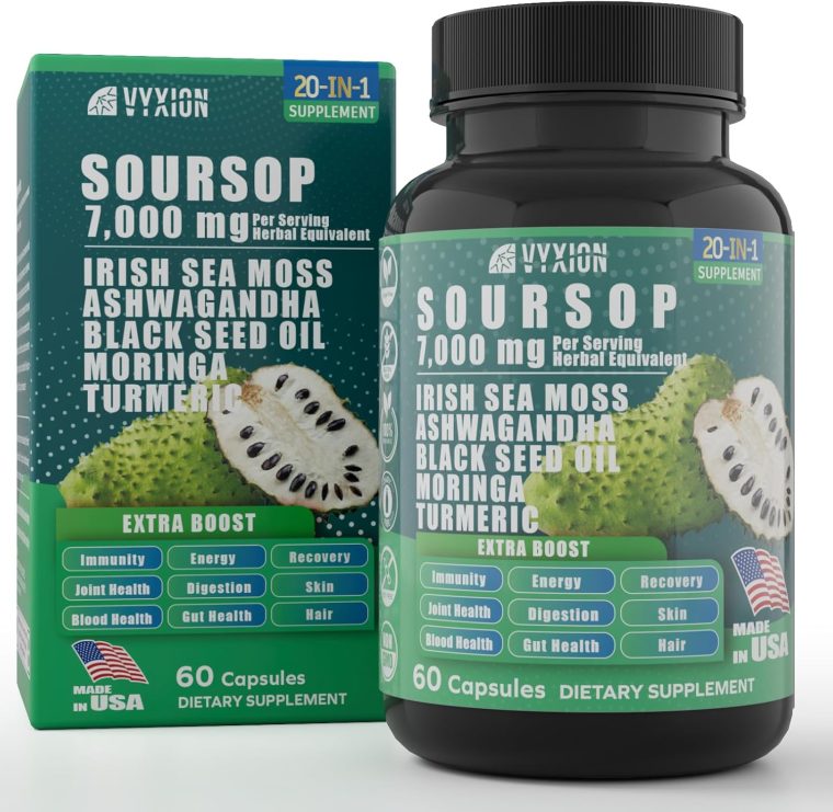 Soursop Graviola Supplement with Sea Moss, Moringa, Turmeric, Black Seed Oil, Oregano, Ashwagandha | 20-in-One Herbal extracts for Overall Health-Enhancing | Vegan, Non-GMO | 60 Capsules