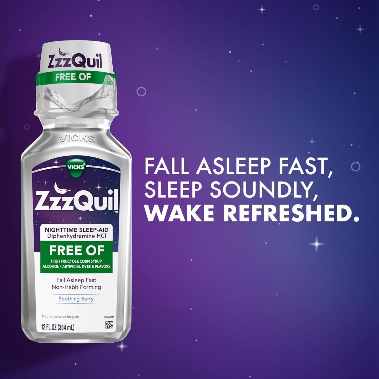 ZzzQuil, Nighttime Sleep Aid Liquid, FREE OF Alcohol & Artificial Dyes, 50 mg Diphenhydramine HCl, No.1 Sleep Aid Brand, Fall Asleep Fast, Non-Habit Forming, Soothing Berry Flavor, 12 FL OZ - Image 4