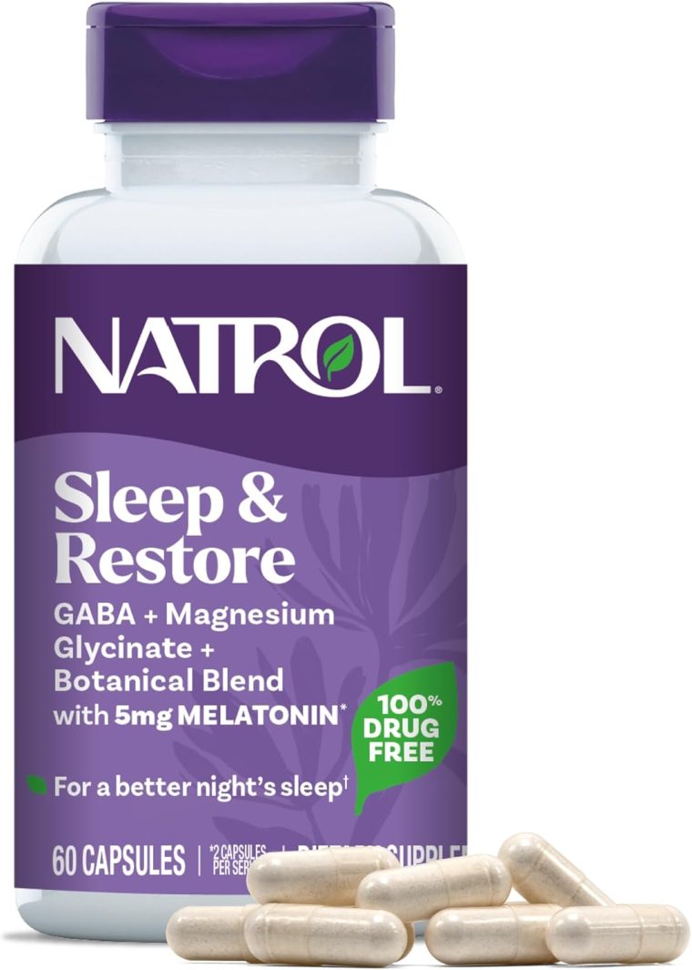 Natrol Sleep & Restore Capsules - Calm Magnesium Glycinate Blend, Magnesium Sleep Aid with GABA, Melatonin 5mg, Botanical Blend, 30 Day Supply