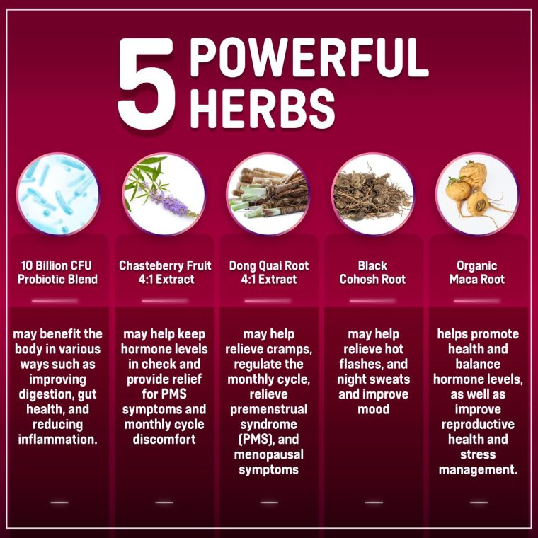 Hormone Balance + Probiotics for Women- Natural Menopause Relief, Weight Management, Bloating, Hot Flashes, PMS | Organic Maca, Chasteberry, Dong Quai & Black Cohosh | Non GMO |120 V Capsules - Image 5