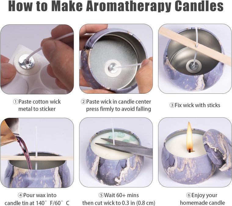 Hiztghc Aromatherapy Candle Making Kit – 12-Pack 4.5 oz Marble Metal Tins with Lids, Including Wooden Wick Holder Sticks, Wick Stickers & 100% Cotton Wicks Beginner-Friendly - Image 4