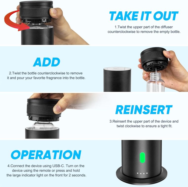 Waterless Scent Diffuser Starter Kit - Suitable for Home and Hotel Series Air Diffuser, 800 Square Inches of Coverage, 7 Kinds of Scented Essential Oils, Remote Control, Atomizer Core Black - Image 6