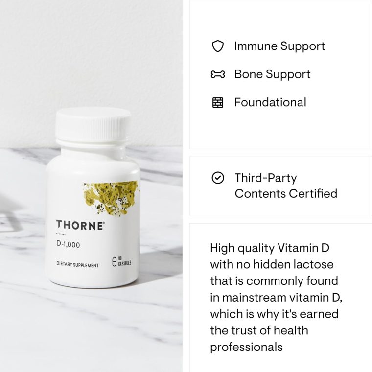 THORNE Vitamin D3 Supplement - Supports Healthy Bones, Teeth, Muscles, Cardiovascular & Immune Function* - Gluten, Dairy & Soy-Free - 1,000 IU - 90 Capsules - Image 4