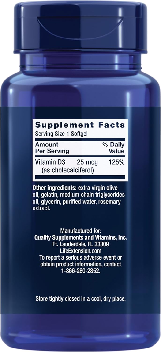 Life Extension Vitamin D3 25 mcg (1000 IU), Immune System Support, Bone Health, Whole-Body Health, Value Size, Gluten-Free, Non-GMO, 250 softgels - Image 2