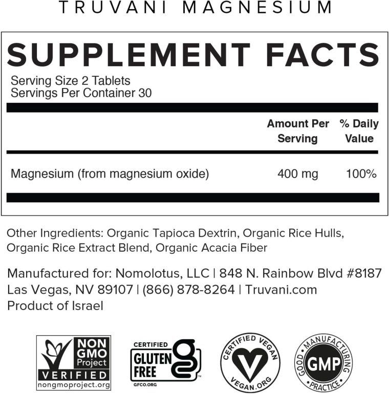 Truvani Magnesium 400mg Oxide Tablets | 60 Tablets | Supports Calm and Sleep, Healthy Bones, Muscle Health, Digestive Health | Non-GMO, Vegan Pills - Image 2