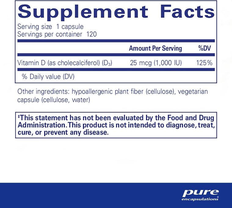 Pure Encapsulations Vitamin D3 25 mcg (1,000 IU) - Supplement to Support Bone, Joint, Breast, Heart, Colon & Immune Health - with Premium Vitamin D - 120 Capsules - Image 2