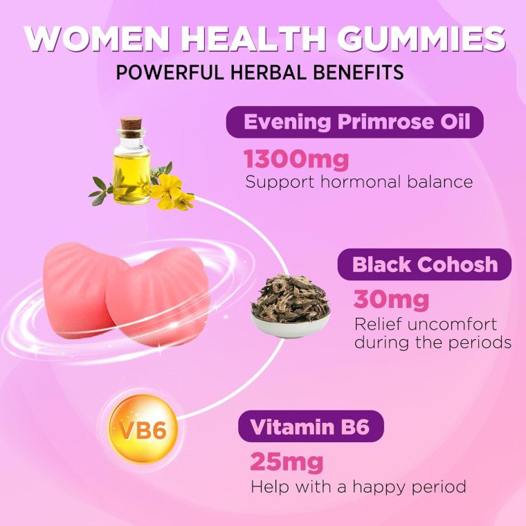 Evening Primrose Oil Gummies for Women, 1300mg with Black Cohosh & Vitamin B6, Sugar-Free, PMS Relief Supplements for Women 20-45, Support Skin Health, Strawberry Flavor, Vegan, Pectin, 60 Count - Image 2