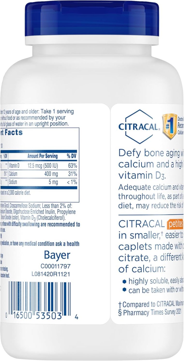 Citracal Petites, 400 mg Calcium Citrate, Easily Absorbed and Highly Soluble with 12.5 mcg (500 IU) Vitamin D3, Bone Health Support for Ages 12+, Smaller and Easier to Swallow Caplets, 200 Count - Image 7