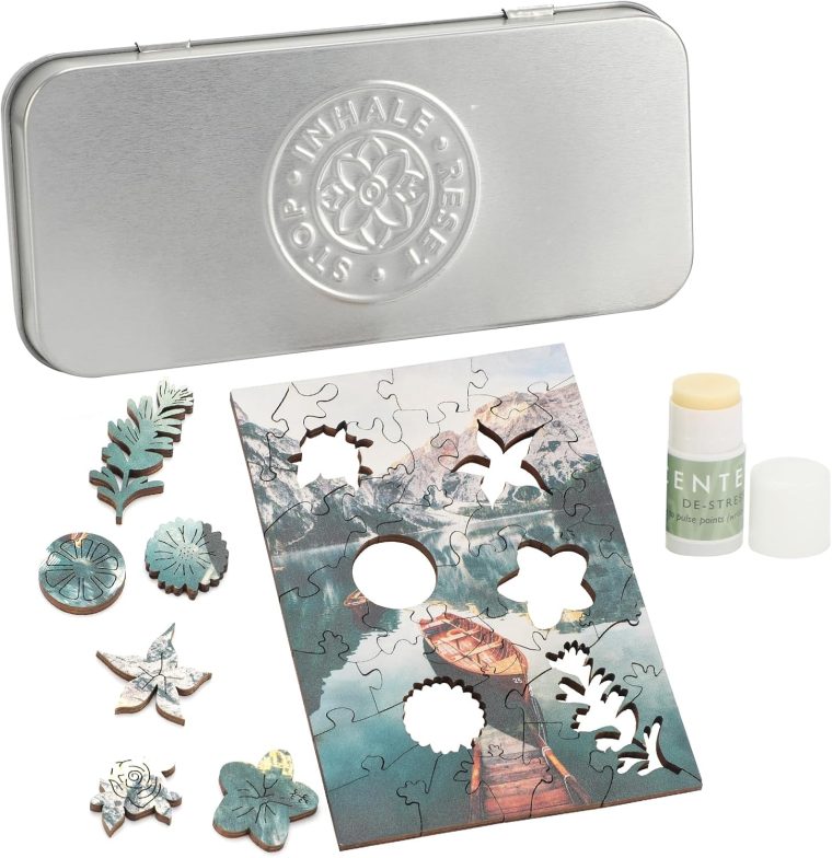 Scentered Wooden Jigsaw Puzzle & Aromatherapy Gift Set - Mindfulness Activity Puzzle for Stress Relief - Calm Jigsaw Puzzles - De-Stress: Calming Essential Oils Blend - Travel Size