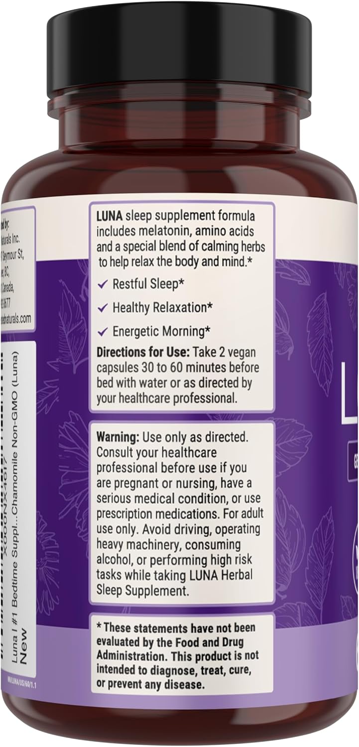 Luna Sleep Aid - Non-Habit Forming Natural Sleeping Pills for Adults with Naturally Sourced Ingredients - Valerian Root, Melatonin, Chamomile, Lemon Balm, and More - 60 Vegan Capsules - Image 9