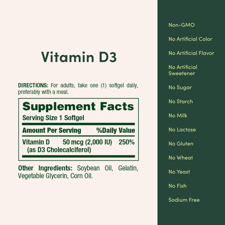 Nature's Bounty Vitamin D3 2000 IU | Supports Immune Health, Calcium Absorption & Bone Strength | Essential for Healthy Bones| Non-GMO, No-Gluten | 350 Softgels, 1 Serving Per Day for Daily Health - Image 5