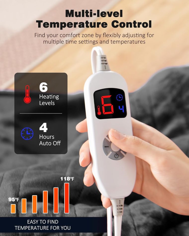 Heated Blanket, Electric Blanket with 2 Wearable Buttons, 50x60 Inches Wearable Heated Throw Blanket, 6 Heating Levels & 4 Options Auto Off, for Office, Home (Grey) - Image 2