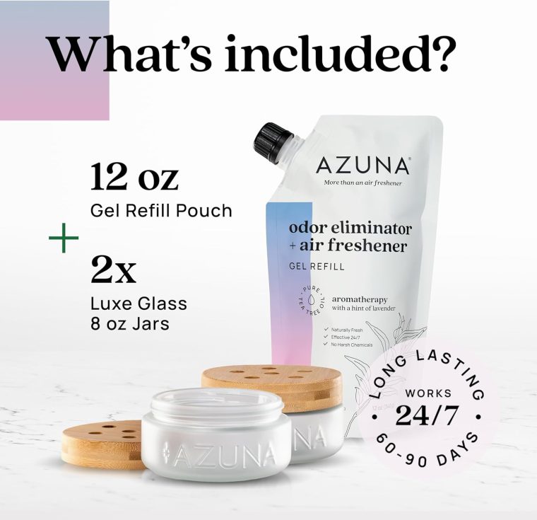 Azuna Air Freshener & Odor Eliminator for Strong Odor | 2 Room Kit Includes (2) 8 oz. Empty Luxe Glass Jars & 12 oz | Refill with Tea Tree Essential Oil Gel | Aromatherapy | Last 60-90 Days - Image 6