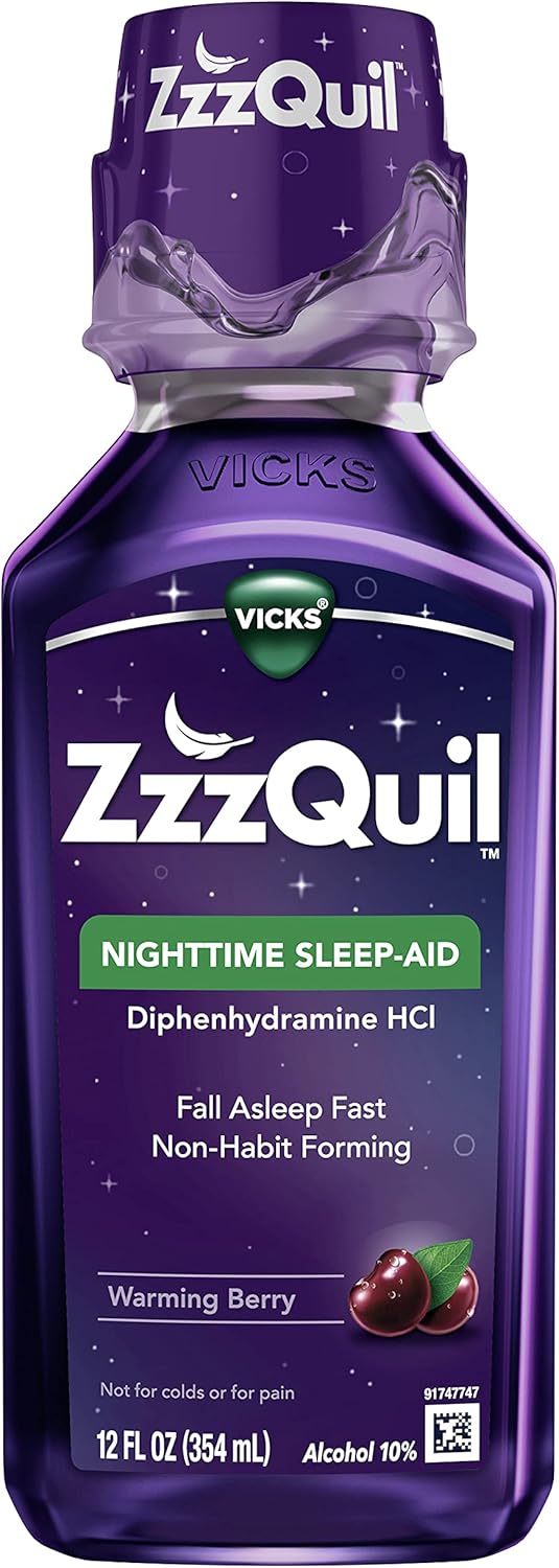 ZzzQuil, Sleep Aid, Nighttime Sleep Aid Liquid, 50 mg Diphenhydramine HCl, Fall Asleep Fast, Non-Habit Forming, Warming Berry Flavor, 12 FL OZ