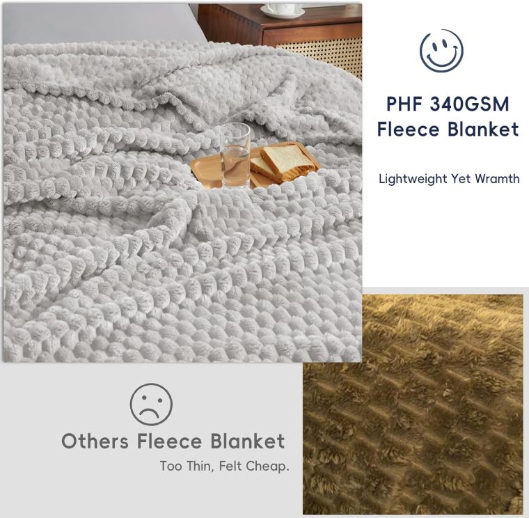PHF Ultra Soft Flannel Fleece Blanket Queen Size, Lightweight 3D Jacquard Fleece Blanket, No Shedding, No Pilling, Luxury 340GSM Aesthetic Fluffy Cozy for Bed Room Decor, 90"x90", Light Grey - Image 5