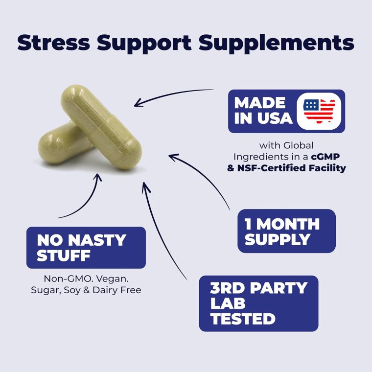 Stress Relief Supplement with 5HTP, Ashwagandha, Valerian, St John’s Wort, GABA, Chamomile & B-Vitamins - Promotes Relaxation, Sleep, Calm & Balanced Mood, Energy & Focus. Vegan, Non-GMO, 60 Capsules - Image 4