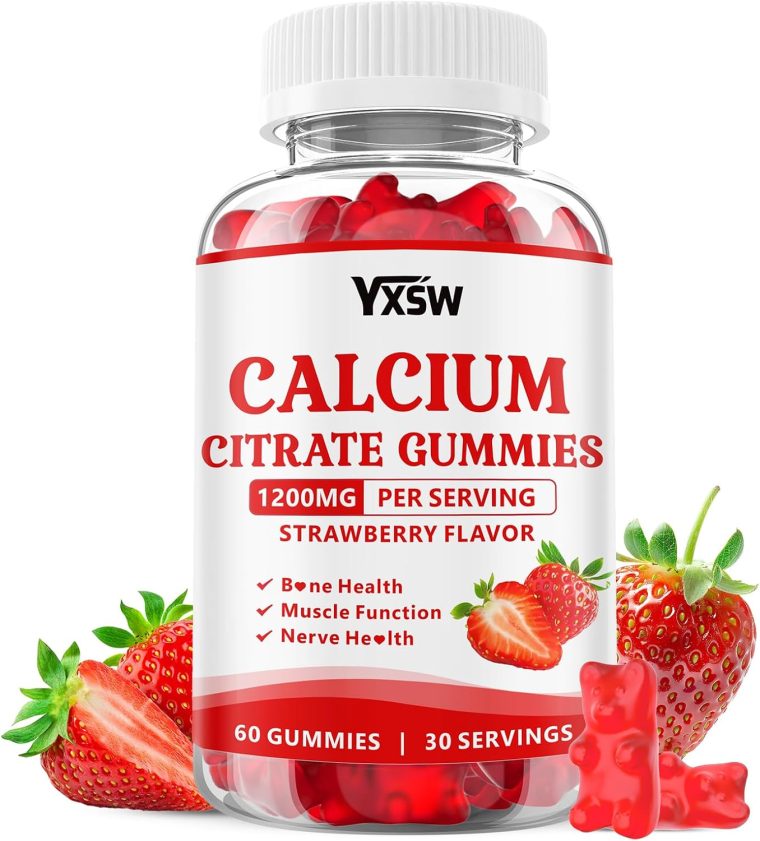 Calcium Citrate Gummies 1200mg, Chewable Calcium Supplement for Women & Men, Sugar Free Calcium for Bone, Muscle & Immune Support, Gluten Free, Vegan, Non-GMO, Strawberry Flavor, 60 Count