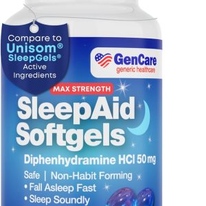 GenCare Maximum Strength Nighttime Sleep Aid Supplement for Adults Deep Sleep Pills with Diphenhydramine HCl 50mg to Fall Asleep Faster- Strong Non-Habit Forming PM Sleeping Relief [96 Softgels]